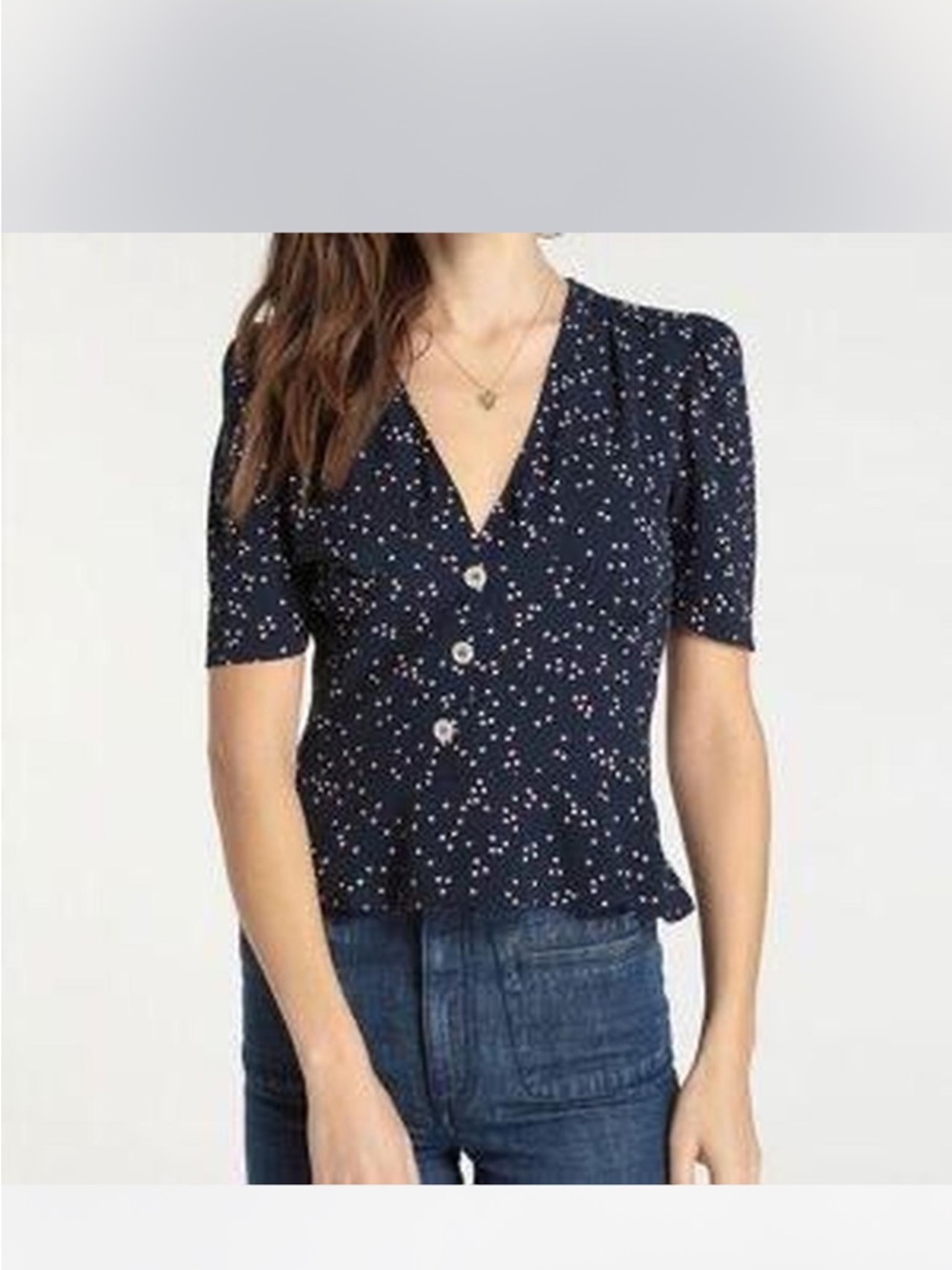 Rouje Navy Button-Front Blouse with Pink Dot Print